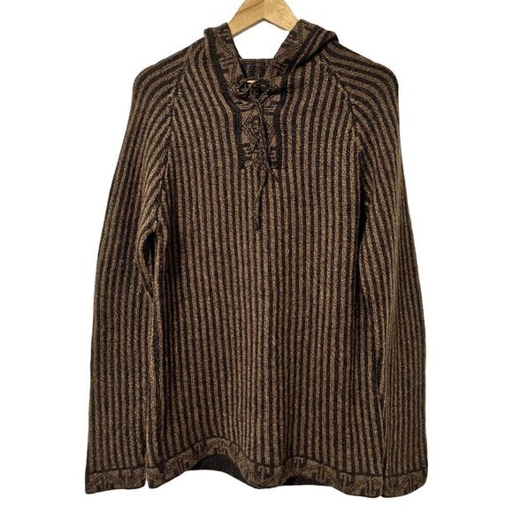 Sebsatex Peruvian Alpaca Stripe Hooded Sweater Size L Brown Knit Aztec Unisex - Picture 1 of 6